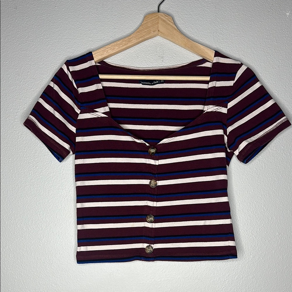 Abercrombie & Fitch Striped Button-Up Top - Burgundy, White, Blue